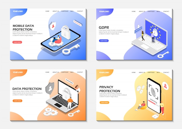Conjunto de páginas web. Protección de datos, GDPR, protección de la privacidad. Páginas de inicio de inicio.