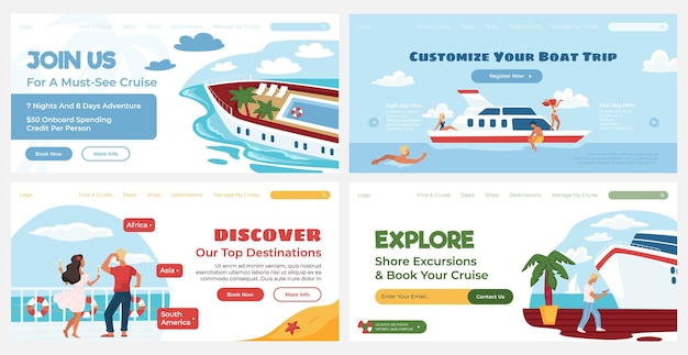 Conjunto de páginas web con publicidad de viajes de cruceros de verano.