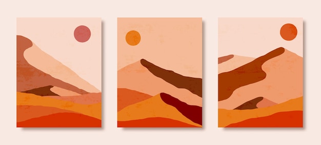 Conjunto de paisaje abstracto de montañas y sol en un estilo minimalista de moda. Fondo de vector en colores marrón y naranja para portadas, carteles, postales, historias de redes sociales. Impresiones de arte Boho.