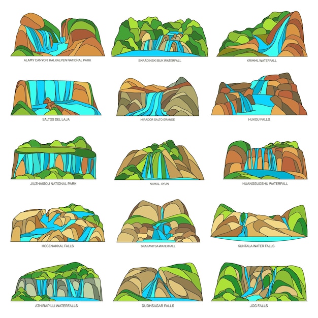 Vector conjunto de paisaje de cascadas o cascadas naturales vistas