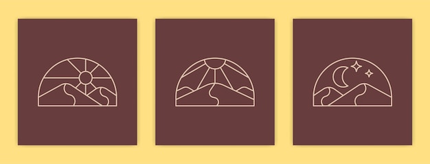 Conjunto de paisaje desértico abstracto minimalista e ilustración de cartel de sol