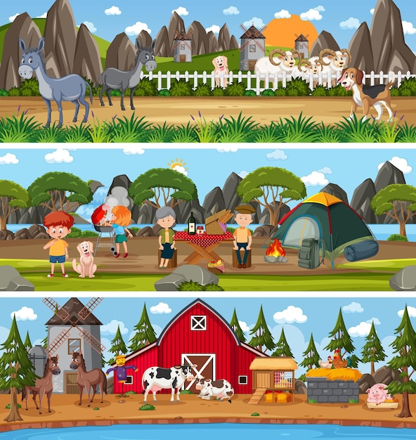 Conjunto de paisaje de naturaleza diferente en la escena diurna con personaje de dibujos animados