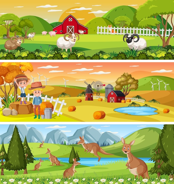 Conjunto de paisaje de naturaleza diferente en la escena diurna con personaje de dibujos animados