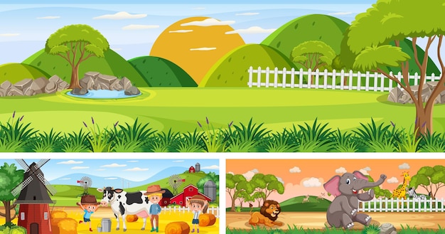 Vector conjunto de paisaje panorámico al aire libre con personaje de dibujos animados