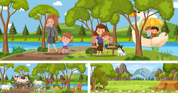 Conjunto de paisaje panorámico al aire libre con personaje de dibujos animados