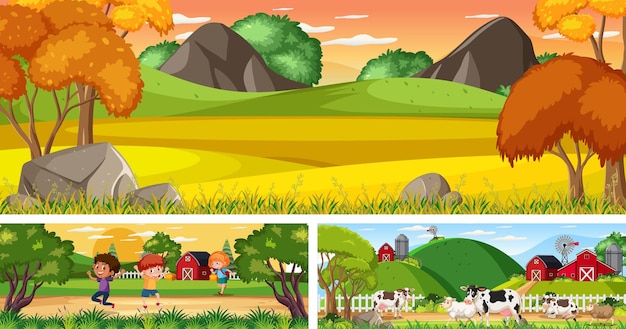 Vector conjunto de paisaje panorámico al aire libre con personaje de dibujos animados