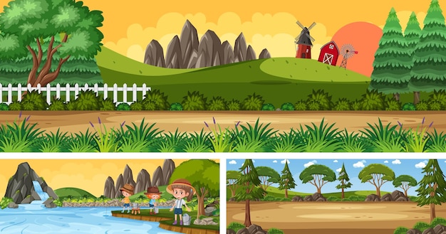 Conjunto de paisaje panorámico al aire libre con personaje de dibujos animados
