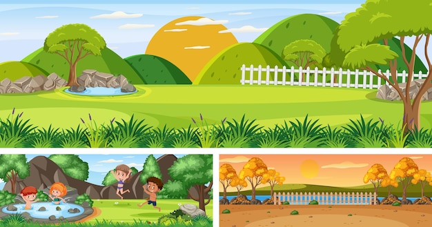 Conjunto de paisaje panorámico al aire libre con personaje de dibujos animados