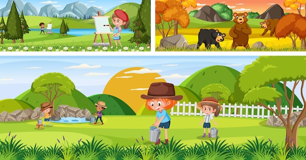 Vector conjunto de paisaje panorámico al aire libre con personaje de dibujos animados