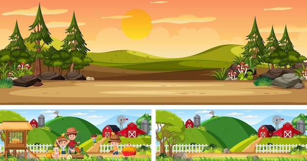 Conjunto de paisaje panorámico al aire libre con personaje de dibujos animados