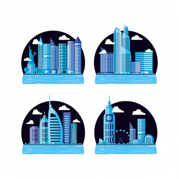 Conjunto de paisaje urbano con edificios escena nocturna