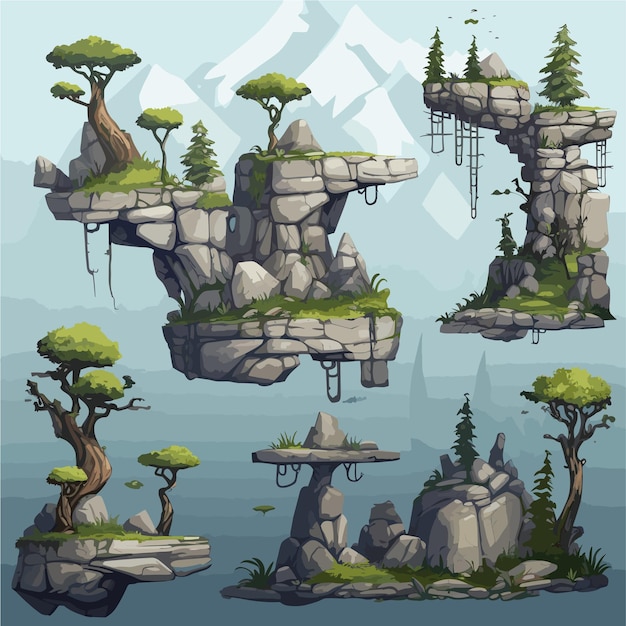 un conjunto de paisajes estilo caricatura con una fantasía selvática de rocas y árboles