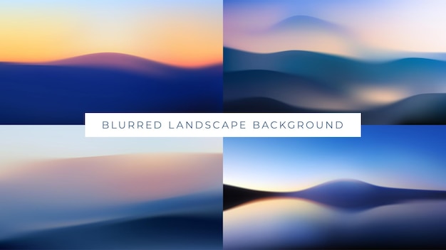Conjunto de paisajes de gradientes borrosos y paisajes marinos en niebla ilustración vectorial de laderas de montañas al atardecer dunas desérticas al amanecer fondo ondulado abstracto papel pintado con siluetas de colinas