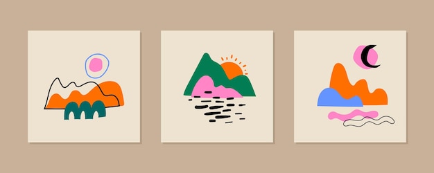 Conjunto de paisajes modernos. Carteles abstractos contemporáneos con formas coloridas, gotas, líneas y objetos de doodle.