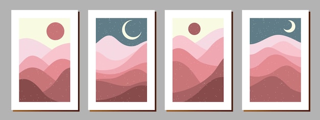 Conjunto de paisajes de montaña abstractos creativos y fondos de cadenas montañosas Ilustraciones vectoriales modernas de mediados de siglo con montañas dibujadas a mano mar o lagos sol y luna Tendencia