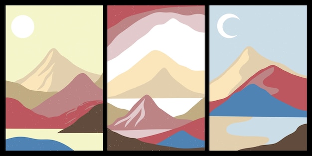 Conjunto de paisajes de montaña abstractos creativos y fondos de cordillera Ilustraciones vectoriales modernas de mediados de siglo con montañas dibujadas a mano mar o lago cielo sol y luna Moda