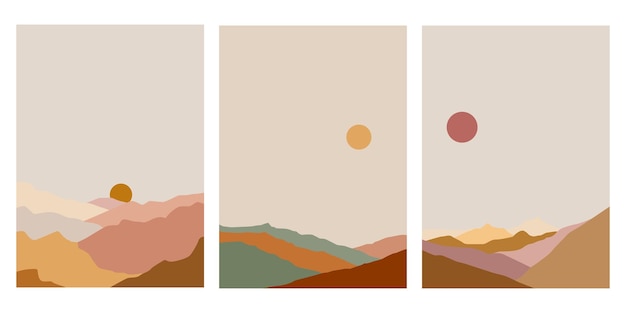 Conjunto de paisajes de montaña boho para póster y papel tapiz