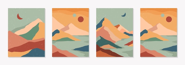 Conjunto de paisajes montañosos abstractos creativos y fondos montañosos. Ilustraciones vectoriales modernas de mediados de siglo con montañas dibujadas a mano, mar o desierto, cielo, sol, luna. Diseño contemporáneo de moda.