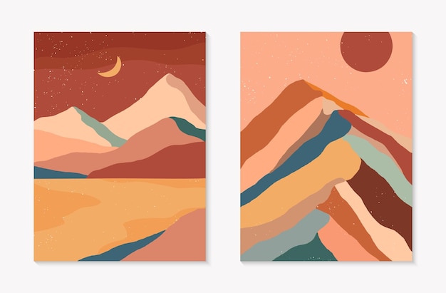 Conjunto de paisajes montañosos abstractos creativos y fondos montañosos Ilustraciones vectoriales modernas de mediados de siglo con montañas dibujadas a mano mar o desierto cielo sol luna Diseño contemporáneo de moda