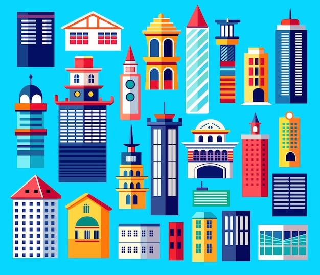 Conjunto de paisajes de siluetas de edificios en un fondo de color