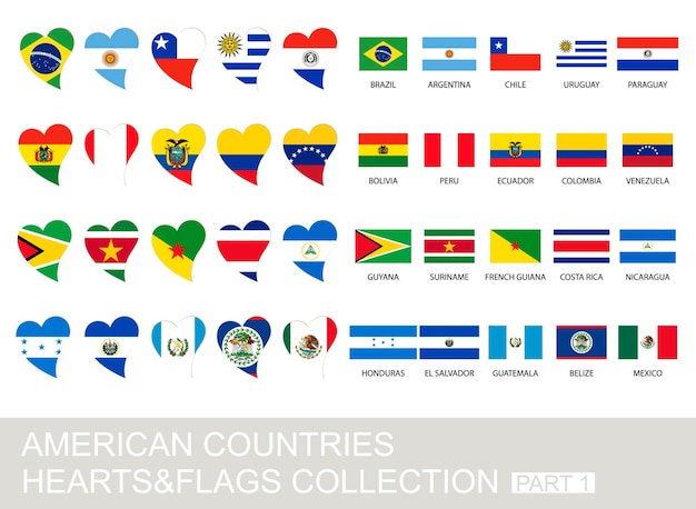 Conjunto de países americanos, corazones y banderas, versión 2, parte 1