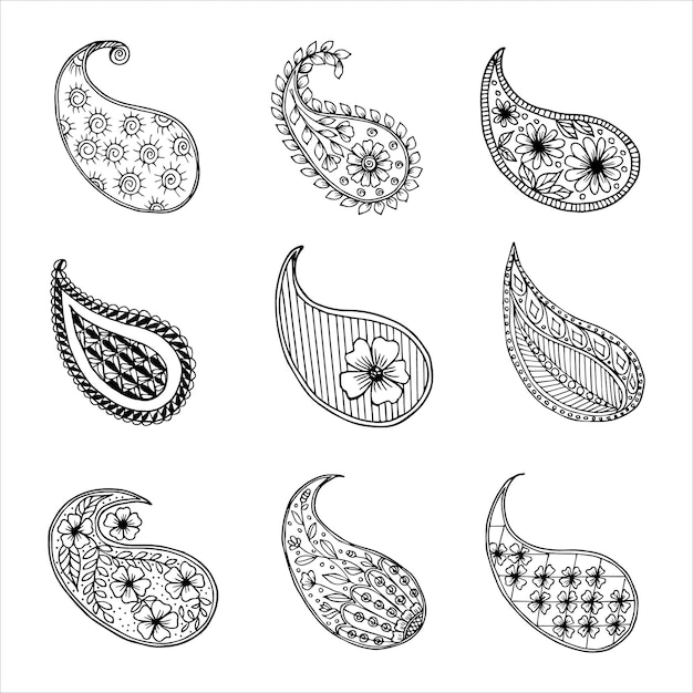 conjunto, de, paisley, solo, garabato, elementos