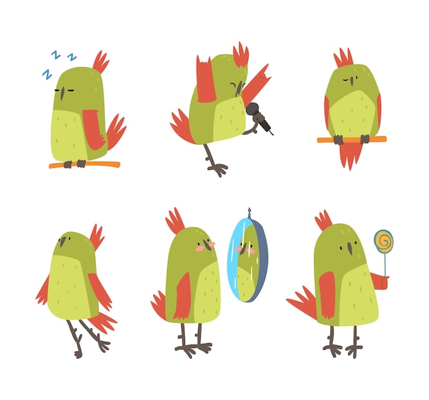 Conjunto de pájaros loro divertidos Lindo perro brillante personaje de mascota de dibujos animados ilustración vectorial