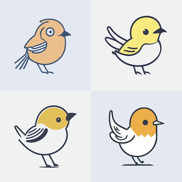 Conjunto de pájaros mínimos lindos personajes de dibujos animados aislados