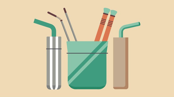 Vector un conjunto de pajitas de acero inoxidable con un cepillo de limpieza y una bolsa de almacenamiento perfecta para beber