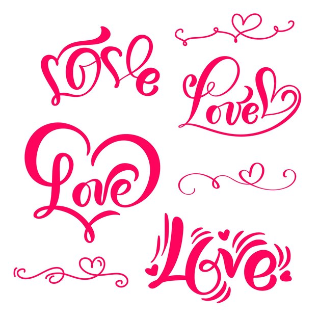 Conjunto de palabra de caligrafía roja Amor Vector Día de San Valentín Letras dibujadas a mano y Vacaciones de corazón