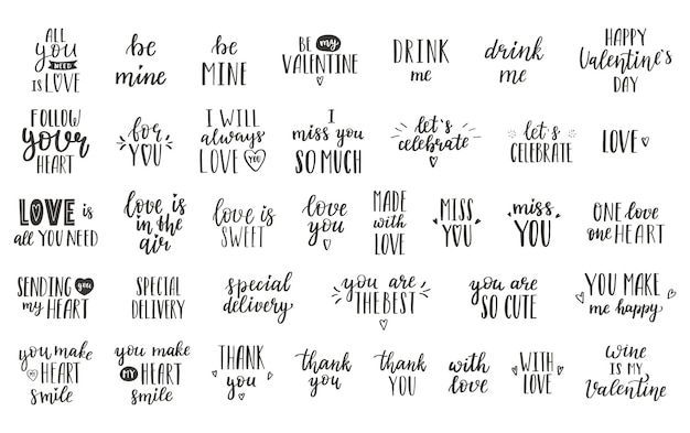 Un conjunto de palabras y frases escritas a mano para el cumpleaños del Día de San Valentín otros días festivos Letras de mano Citas para postales etiquetas de regalo etiquetas Silueta de vector blanco negro aislado en blanco