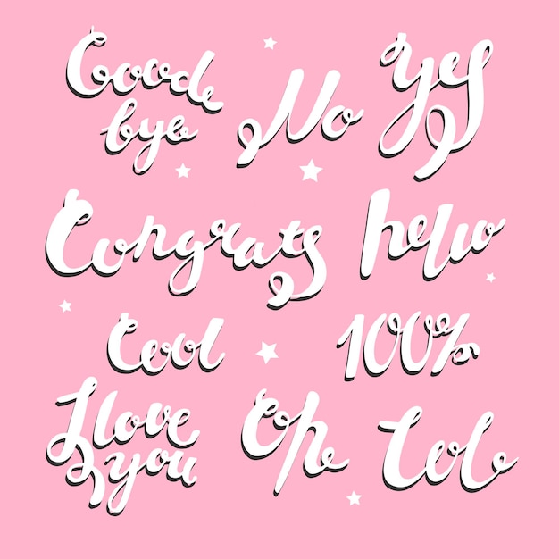 Conjunto con palabras y frases de todos los días Citas Genial hola felicidades sí lol 100 no te amo