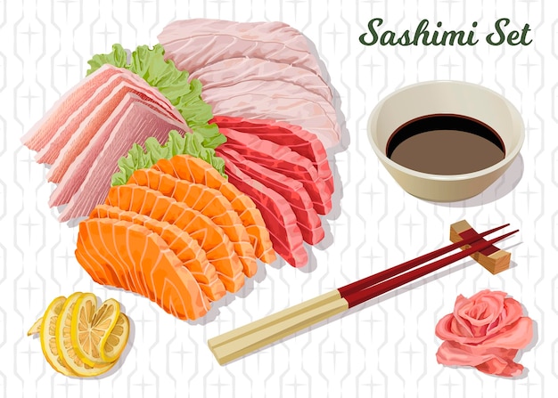 Conjunto de palillos surtidos de sashimi salsa de soja jengibre rosa y limón Ilustración vectorial aislada