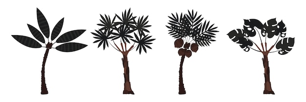 Vector conjunto de palmeras coco y plátano grandes hojas talladas y troncos oscuros plantas ilustración vectorial