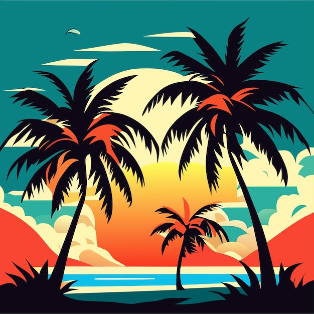 Vector conjunto de palmeras o ilustración de playa al atardecer en la playa