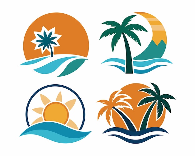 un conjunto de palmeras y puestas de sol con palmeras y puesta de sol