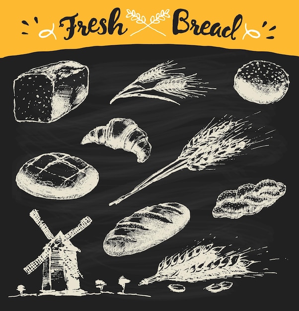 Conjunto de pan fresco. Ilustración vectorial dibujada a mano de pan largo, baguette, croissant, trigo