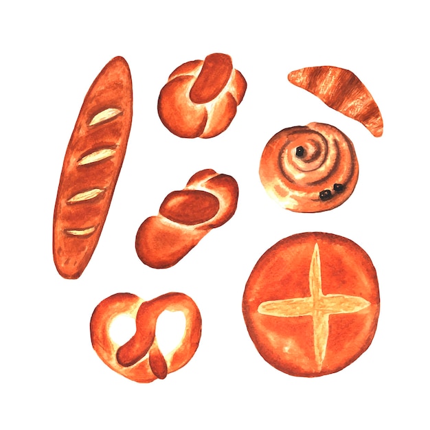 Conjunto de pan de ilustración acuarela. Bollos, baguettes, pan, pasteles y otros productos horneados.