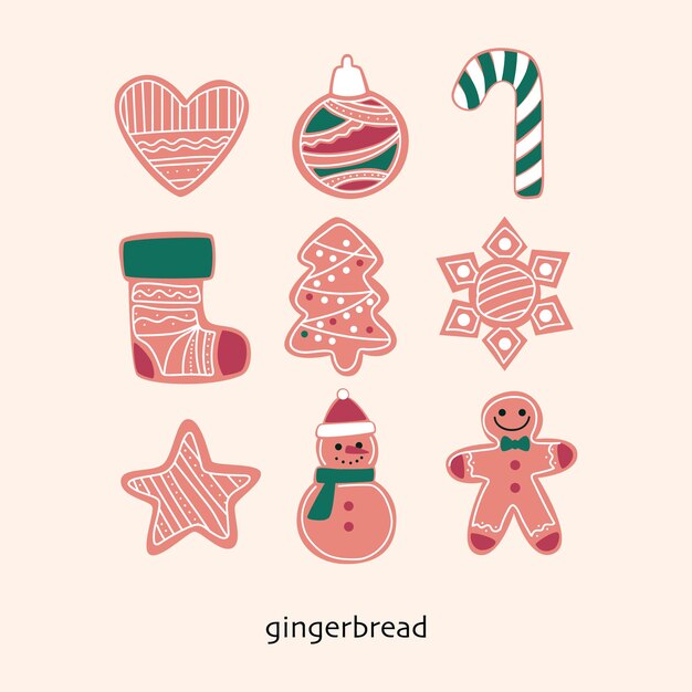 conjunto de pan de jengibre surtido. Galletas navideñas decorativas. imagen vectorial aislada