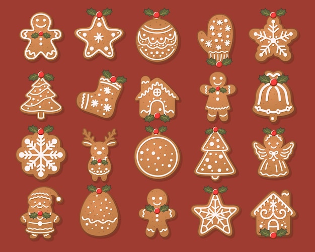 Conjunto de pan de jengibre vectorial plano Iconos de Navidad Plantilla de diseño de pan de Jengibre Símbolo de vacaciones de invierno