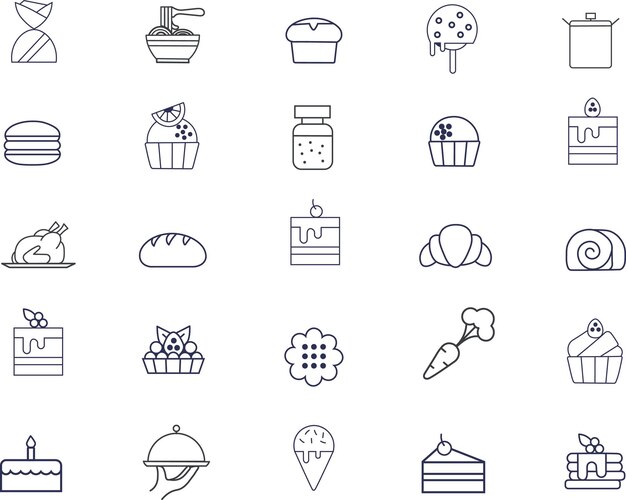 Conjunto de panadería y dulces de alimentos Ilustraciones vectoriales vibrantes de postres pasteles pasteles y galletas