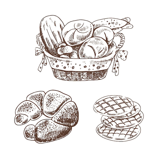 Conjunto de panadería estilo boceto dibujado a mano vintage pan en bagel de cesta y galletas sobre fondo blanco