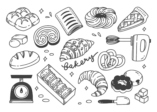 Conjunto, de, panadería, garabato, arte lineal