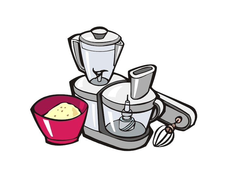 Vector conjunto de panadería mezclador eléctrico profesional con un cuenco de sabor al lado de los electrodomésticos de cocina