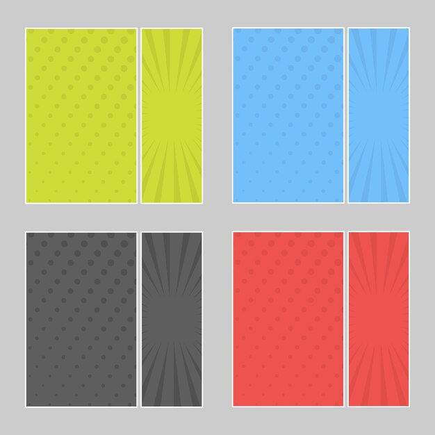 Conjunto de pancartas de arte pop multicolores. Plantilla de cómic de semitono con lugar para el texto para el diseño. Ilustración vectorial