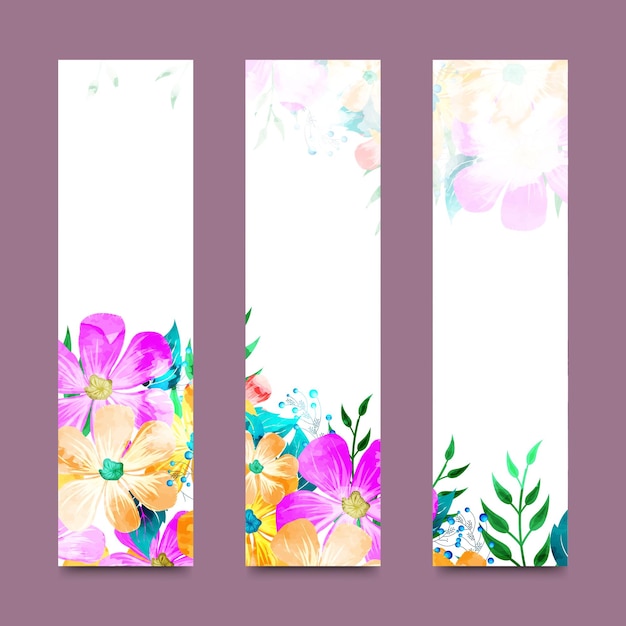 Vector conjunto de pancartas artísticas para el sitio web decoradas con coloridas flores de acuarela