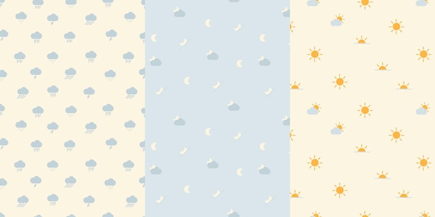 Un conjunto de pancartas azules y blancas con nubes, sol y nubes.