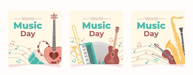 Conjunto de pancartas cuadradas para la celebración del día mundial de la música Varios instrumentos musicales y notas