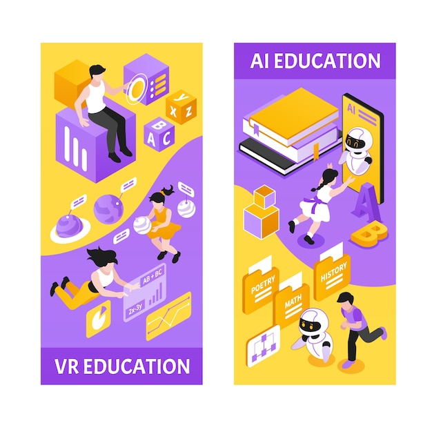Conjunto de pancartas de educación y tecnología isométricas