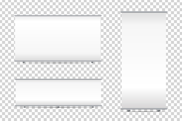 Conjunto de pancartas enrollables en blanco realistas sobre fondo transparente para decoración y publicidad. Soporte blanco simulacro de plantillas ilustración vectorial.